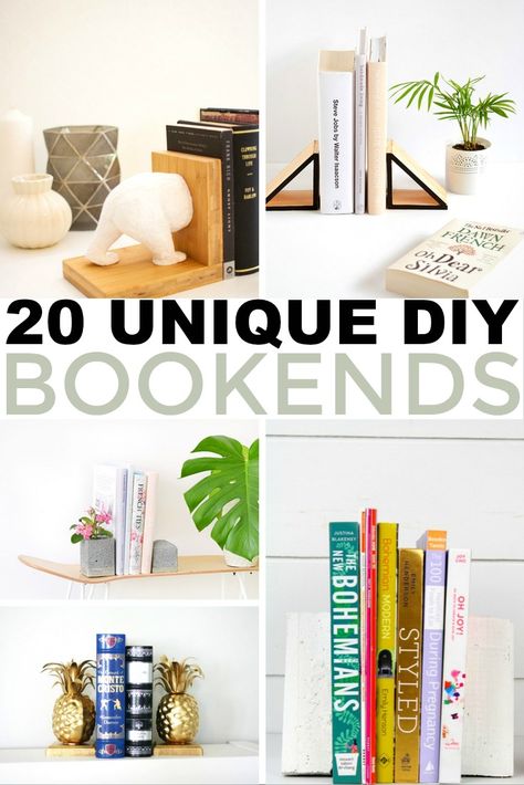 I’d like to share with you my favourite ideas for DIY bookends that will keep your books upright and will make a great impact on the look and feel of your bookshelves. Homemade Book Ends, Diy Art Book, Clay Bookends, Dressing Table Furniture Design, Baby Shelf, Den Remodel, Unique Bookends, Diy Bookends, Home Office For Men