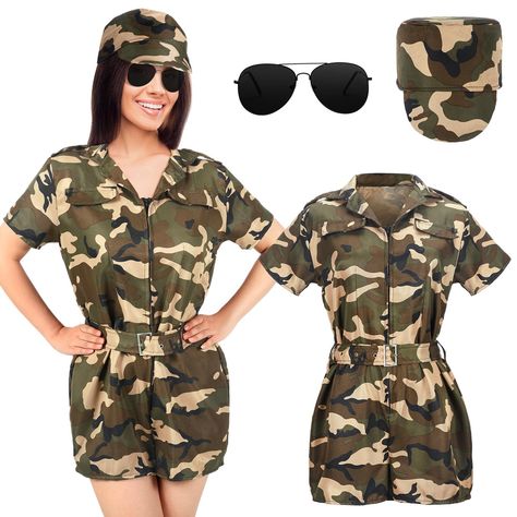 PRICES MAY VARY. Army Costume Set: the package includes camo zip front uniform dress outfit, black sunglasses and camouflage hat, offering enough accessories for cosplaying, making it an ideal choice for you Widely Applicable: military costume is ideal for Halloween cosplay, ladies party outifts, movie cosplay costumes for women, military Halloween costumes, women pilot costume Quality Materials: military costume is made with from fabric, our military costume for women provides exceptional comfo Army Costume Women, Military Costumes For Women, Army Girl Costume, Camo Costume, Army Girl Costumes, Military Costume, Women Pilot, Army Costume, Pilot Costume