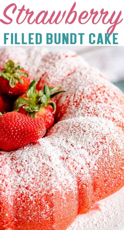 This filled strawberry bundt cake has a sweet, fluffy surprise inside! This semi-homemade cake starts with a box cake mix. #cakemix #strawberry #bundtcake #cake Semi Homemade Cake, Filled Strawberry, Strawberry Bundt Cake, Cakes Strawberry, Easy Bundt Cake Recipes, Strawberry Cake Mix, Strawberry Cake Recipes, Pound Cake With Strawberries, Dessert Aux Fruits