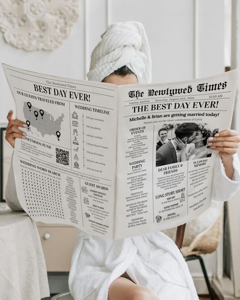 Make your wedding ceremony unique and memorable with this Wedding Newspaper Program Template. This newspaper-style program will guide your guests through your ceremony, while also providing them with interesting and fun facts about you and your partner. The template is fully customizable, allowing you to add your own photos, stories, and details. Impress your guests with this creative and unique approach to wedding programs. Easy to edit and print, this Newspaper Wedding Program Template is perf Wedding Day Newspaper, Ceremony Itinerary, Wedding Planner Ideas, Wedding Newspaper Program, Unique Wedding Keepsakes, Wedding Dance Party, Newspaper Wedding, Newspaper Wedding Programs, Newspaper Program