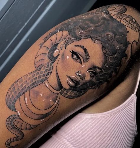 African Medusa Tattoo Goddesses, Medusa Tattoo Black Women Arm, Afro Spiritual Tattoos, African American Medusa Tattoo, African Women Tattoo Ideas, Oshun Goddess Tattoo Ideas, Black Warrior Woman Tattoo, Black Virgo Goddess Tattoo, Afro Medusa Tattoo