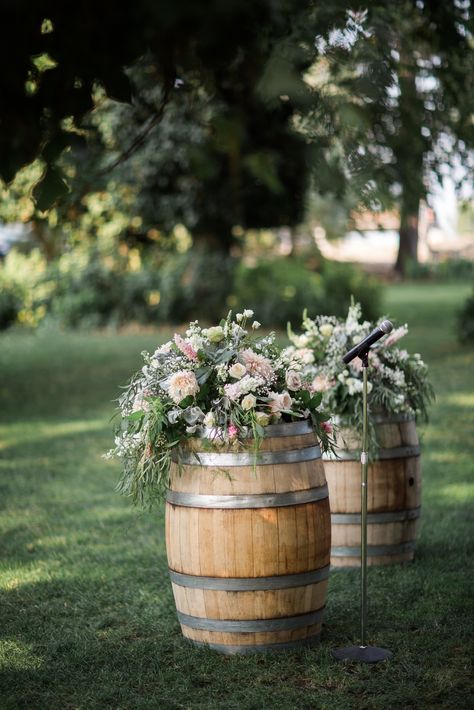 Wine Barrels with Large Flower Arrangments.  Marianne Wiest Photography @ Arbor Crest Wine Cellars Wine Barrel Wedding Flowers, Microwedding Ideas, Wine Barrel Wedding, Wine Barrel Decor, Gorgeous Landscapes, Barrel Wedding, Flowers Wine, Barrel Decor, Cliff House