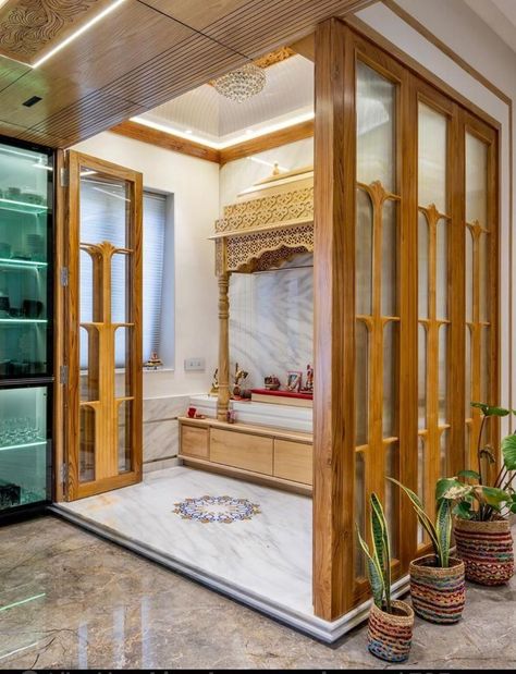 Mandir In House Puja Room, Puja Corner In Living Room, South Indian Mandir Design For Home, Pooja Interior Design, Indian Pooja Room Ideas, Pooja Room Design Indian, Temple Room Interiors, Pooja Room Indian, Wooden Pooja Room