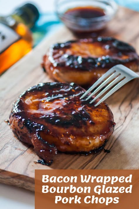 Glazed Pork Chops Recipes, Bacon Wrapped Pork Chops, Bourbon Chicken Recipe, Bourbon Recipes, Bacon Wrapped Pork, Bourbon Glaze, Glazed Pork Chops, Glazed Pork, Pork Glaze