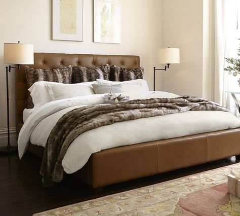 Lorraine Tufted Leather Bed.  Pottery Barn Cielo Furniture, Brown Leather Bed, Leather Bedroom, Headboard Bedroom, Leather Bed Headboard, Mudroom Ideas, Bedroom Oasis, Ski House, Leather Headboard