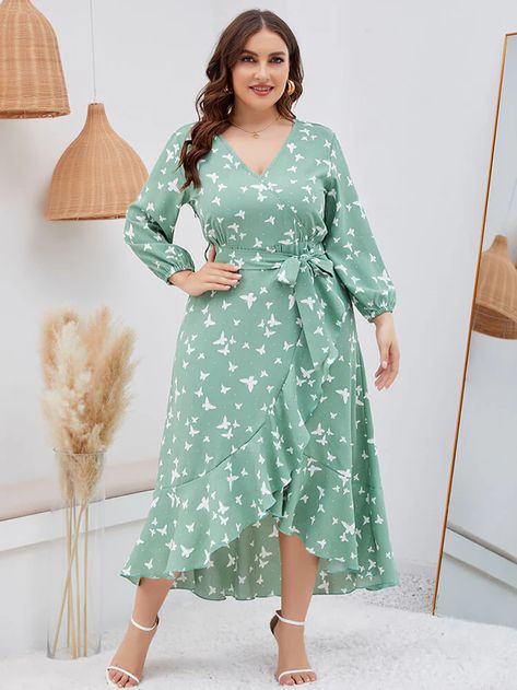 Bloomchic Plus-Size Dresses: New Best Stylish Fashion Butterfly Print Dress, Sukienki Plus Size, Plus Size Summer Outfits, Ruffle Trim Dress, Vestido Plus Size, Plus Size Kleidung, Vestido Casual, Daily Dress, Maxi Wrap Dress