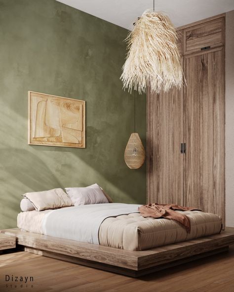 Amr Elshipli Sage Green Limewash Wall, Limestone Bedroom, Green Limewash Bedroom, Green Limewash Wall, Mexican Bedroom, Limewash Walls, Concrete Effect Paint, Sage Green Bedroom, Bedroom Decor Design