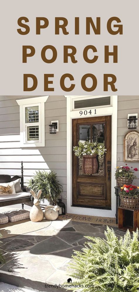 Cottage Porch Decorating Ideas, May Porch Decor, Spring Exterior Decor, Small Back Deck Decor, French Country Front Porch Decor, Simple Spring Porch Decor, Outdoor Porch Wall Decor Ideas, Spring Porch Ideas Entrance, Spring Patio Ideas