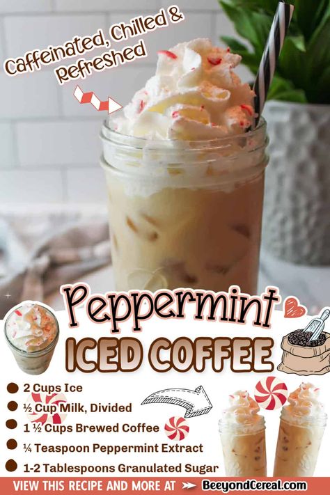 Peppermint Mocha Iced Coffee Recipe, Christmas Coffee Flavor Ideas, Peppermint Coffee Drinks, Homemade Peppermint Creamer, Christmas Iced Coffee Recipes, Iced Peppermint Mocha Recipe, Fall Coffee Ideas, Peppermint Iced Coffee, Peppermint Mocha Iced Coffee