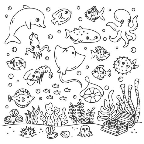 Premium Vector | Set of cartoon sea animals in doodle style Drawing Ideas Easy Sea Animals, Ocean Animals Doodles, Ocean Doodles Simple, Mermaid Cartoon Drawing, Underwater Doodles, Cute Sea Animals Drawing, Under The Sea Drawing, Ocean Animals Drawing, Ocean Doodles