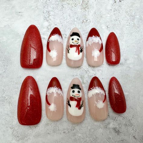 Hand-Painted Kawaii Snowman Christmas Hat Pressed Nails - Red Custom Holiday Nails - Gel Acrylic Fake Nails -Winter Nails Christmas Nail Snowman, Christmas Kawaii Nails, Chrostmas Nails, Holiday Nails Gel, Cool Christmas Nails, Pretty Christmas Nails, Kawaii Snowman, Nails Gel Acrylic, Snowman Nail