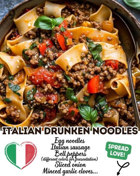 Italian Drunken Noodles Drunken Noodles Recipe, Italian Drunken Noodles, Spicy Pasta, Easy Family Recipes, Drunken Noodles, Potato Pasta, Sausage Dishes, Pasta Dinner Recipes, Noodles Recipe