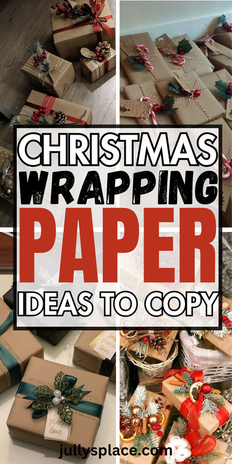 Christmas Wrapping Paper Ideas Wrapped Christmas Presents Aesthetic, Christmas Craft Wrapping Paper, Christmas Tree Made From Wrapped Boxes, Woodland Wrapping Ideas, Traditional Wrapping Paper, Christmas Wrapping Large Gifts, Wrap Christmas Presents Ideas, Spring Gift Wrapping Ideas, Wrapping With Kraft Paper