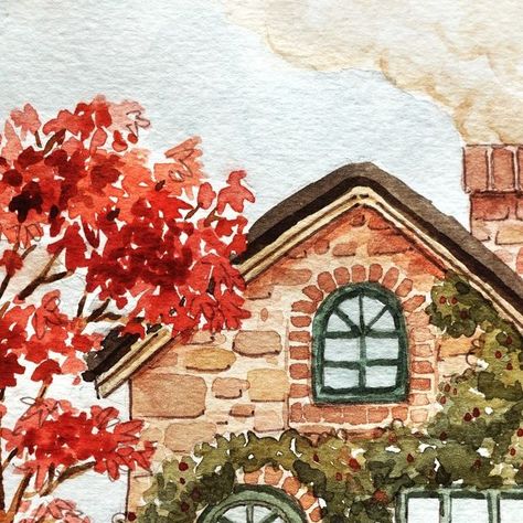 Watercolour Cottage Painting, Home Watercolor Painting, Watercolor Stone House, House Watercolor Illustration, Watercolor Cobblestone, Nianiani Watercolor, Watercolor House Painting Tutorial, Watercolor Illustration Art, Acotar Watercolor