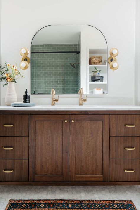 walnut wooden vanity with brass hardware, trough sink with double faucet, modern vanity mirror and sconces, green subway tile, bathroom styling Sarah Montgomery Design Chicago Makeover Kamar Mandi, Bathroom Addition, Mid Century Bathroom, Primary Suite, Downstairs Bathroom, Upstairs Bathrooms, Up House, Young Couple, Modern Bathroom Vanity