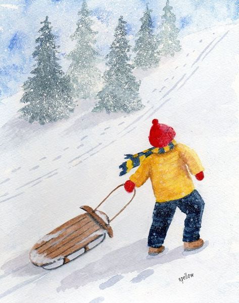 Sledding Painting, Skier Painting, January Painting, Clover Craft, Watercolor Christmas Cards Diy, Dyi Art, Watercolor Birthday Cards, Watercolor Winter, Homemade Greeting Cards