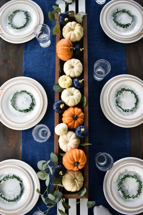 Create a colorful Thanksgiving Tablescape with navy blue and burnt orange Thanksgiving Crafts Kids, Blue And Orange Fall Decor, Blue Thanksgiving Table, Thanksgiving Table Set, Thanksgiving Porch, Thanksgiving Dinner Table Setting, Orange Fall Decor, Colorful Thanksgiving, Blue Thanksgiving