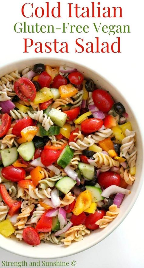 Cold Italian Pasta Salad (Gluten-Free, Vegan, Allergy-Free) | Strength and Sunshine | A Classic Italian Pasta Salad that's gluten-free, vegan, and allergy-free! The cold pasta salad you love, with tri-colored pasta, fresh veggies, and a healthy homemade Italian dressing! A super easy and quick meat-free vegetarian and dairy-free recipe that's a perfect side dish to feed any crowd! #pastasalad #coldpastasalad #summerrecipes #sidedish #glutenfreepasta #italianrecipe #veganpasta Non Dairy Pasta Dishes, Pasta And Veggie Salad, Pasta Salad Gluten Free Dairy Free, Pasta Salad Recipes Without Cheese, Vegan Gluten Free Pasta Salad, Gluten And Dairy Free Pasta Salad, Gluten Free Italian Pasta Salad, Pasta Salad Recipes Gluten Free, Gf Df Pasta Salad