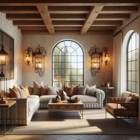 Tuscan Villa Living Room, Tuscan Home Aesthetic, Updated Tuscan Decor, Tuscany Decor Tuscan Style, Tuscan Style Homes Interior, Tuscan Style Decor, Tuscan Furniture, Tuscany Decor, Wrought Iron Lights