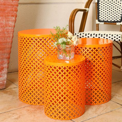 PRICES MAY VARY. Sturdy and Reliable: these nesting side tables are made of sturdy, not easily rusty metal with a stable surface that can withstand a capacity of up to 55 lbs; Size: large: 14.5 inches deep x 19.25 inches high, medium: 12.5 inches deep x 16.5 inches high, small: 10.5 inches deep x 13.75 inches high; Comes with a waterproof outdoor furniture cover Vintage Elegance: the outdoor garden stool features an orange finish that is simple and welcoming, and a special metal laser cut elegan Waterproof Outdoor Furniture, Carport Patio, Garden Stools, Indoor Living Room, Side Table Set, Modern End Table, Outdoor Furniture Cover, Road House, Nesting Table