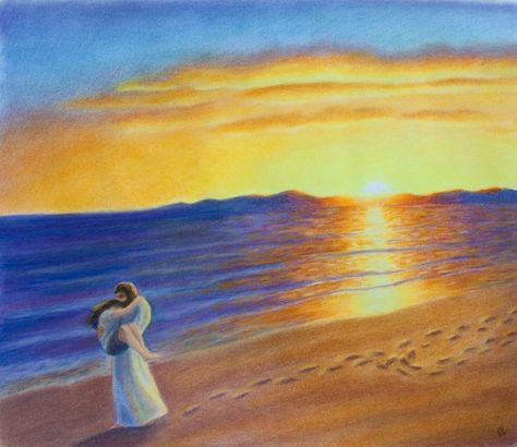 Footprints in the sand poem.Jesus carrying person in his arms on the beach at sunrise, only one set of footprints in the sand. Persecuted Church, Worship Art, Footprints In The Sand, Healing Angels, Mission Trip, Prophetic Art, Sand Painting, Jesus Painting, Episcopal Church