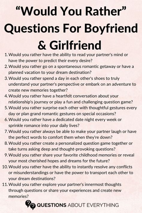 A list of Would You Rather Questions For Boyfriend & Girlfriend Questions For Boyfriend, Funny Would You Rather, Question Games For Couples, Text Conversation Starters, Boyfriend Questions, Deep Conversation Topics, Questions To Get To Know Someone, Questions For Couples, Conversation Starters For Couples