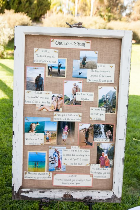 our love story board #FijiWedding Picture Board Wedding Receptions, Wedding Story Board Ideas, Our Love Story Wedding Sign Diy, Through The Years Wedding Display, Our Love Story Wedding Display, Our Love Story Table Wedding Ideas, Our Story Board Wedding, Wedding Our Love Story, Wedding Bulletin Board