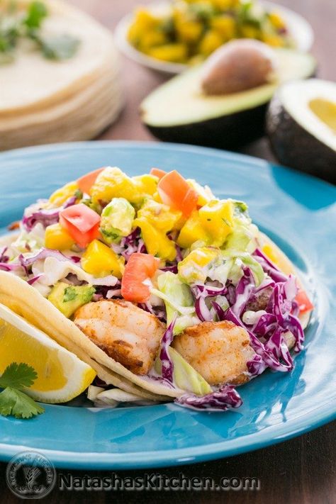 Shrimp Tacos with Coconut Coleslaw & Mango Salsa Coconut Slaw, Coconut Coleslaw, Coconut Fish, Mango Avocado, Juicy Shrimp, Shrimp Tacos, Food Coma, Coleslaw Recipe, Two Fish