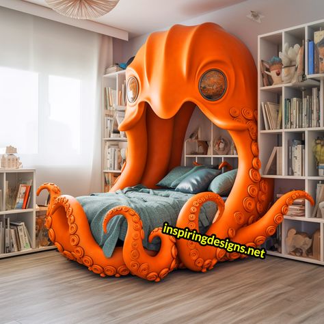 Ocean Bed, Deep Sea Themed Bedroom, Ocean Themed Beds, Fantasy Ocean Bedroom, Pirate Ship Bed, Weird Beds, Unusual Beds, Octopus Bedding, Construction Diy