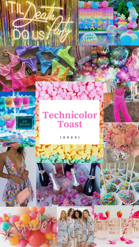 Technicolor Toast | Bachelorette Party Inspo #bachelorette #bachelorettepartyideas #bacheloretteweekend #bachelorettepartyplanner #bachelorettedecor #outfitinspo #technicolortoast Bachelorette Party Rainbow, Bright Colour Bachelorette Party, Art Themed Bachelorette Party, Top Bachelorette Themes, Wig Themed Bachelorette Party, Rave Themed Wedding, Rainbow Hens Party, Electric Love Bachelorette Party, Bachelorette Party Outfit Ideas Group