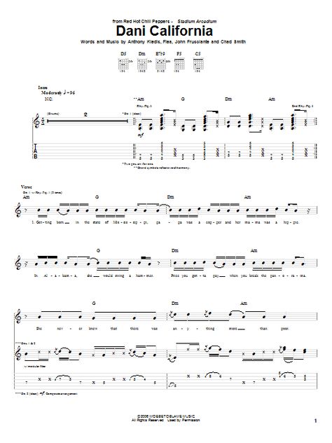 Red Hot Chili Peppers Dani California sheet music arranged for E-Z Play Today and includes 4 page(s). The style of the score is Rock. Catalog SKU number of the notation is 445139. The arrangement code for the composition is EZPL. Minimum required purchase quantity for these notes is 1.* Please check if transposition is possible before your complete your purchase. Digital download printable PDF. Dani California, Easy Guitar Tabs, Melody Music, Ukulele Music, Lead Sheet, Piano Music Notes, Lyrics And Chords, Hottest Chili Pepper, Violin Cello