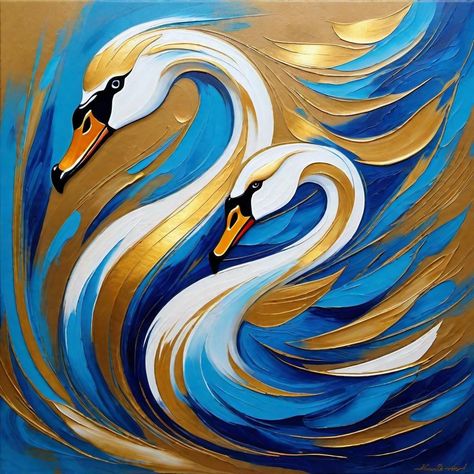 Swans Painting Acrylic, Abstract Swan Painting, Swan Canvas Painting, Swan Painting Acrylic, Makeup To Recreate, Golden Acrylic Painting, Nils Verberne, Swans Painting, Contrast Painting