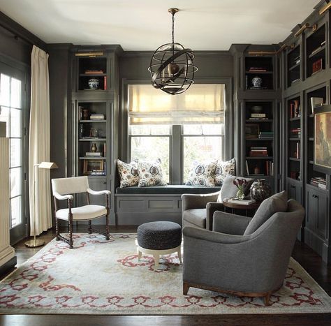 3,450 Likes, 39 Comments - Benjamin Moore (@benjaminmoore) on Instagram: “Kendall Charcoal HC-166 makes this room rich, deep, and luxurious when paired with white room…” Gray Study, Connecticut House, Floor To Ceiling Bookshelves, Beach Drive, Piano Room, Home Library Design, Room Remodel, Home Libraries, Hus Inspiration