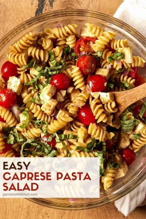 You can't go wrong when this Easy Caprese Pasta Salad recipe is on your summer BBQ menu! One bite and you will be in love! Best Caprese Pasta Salad, Chicken Caprese Pasta Salad, Pasta Salad Caprese, Caprese Salad Pasta, Recipe For Pasta Salad, Pasta Salad Recipes Easy, Caprice Salad, Summer Bbq Menu, Picnic Pasta Salad