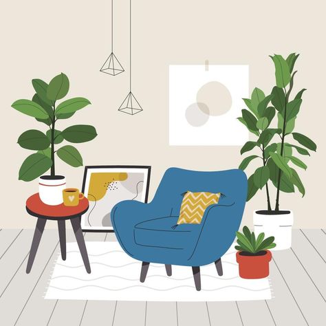 Living Room Illustration, Bedroom Illustration, Interior Illustration, House Illustration, Decorating Small Spaces, Flat Illustration, Comfortable Chair, A Living Room, Cozy Living Rooms