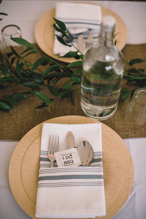 DIY Rustic Farm Wedding, Rustic Table Setting, Farm Tables, Farm Wedding Table Settings, Greens by Cynthia's Flower Shop (Branford, CT), White Table Cloth, Burlap Runner,  Bamboo Plates,  Long Greens Centerpiece, BBQ Wedding, I do BBQ, Wedding Wet Nap, Photo Credit: Athena Blude Bbq Wedding Table Setting, Bamboo Plates Wedding Table Settings, Bamboo Plates Wedding, Greens Centerpiece, Farm Wedding Table, I Do Bbq Wedding, Napkins Wedding Table, Backyard Bbq Wedding, Burlap Runner