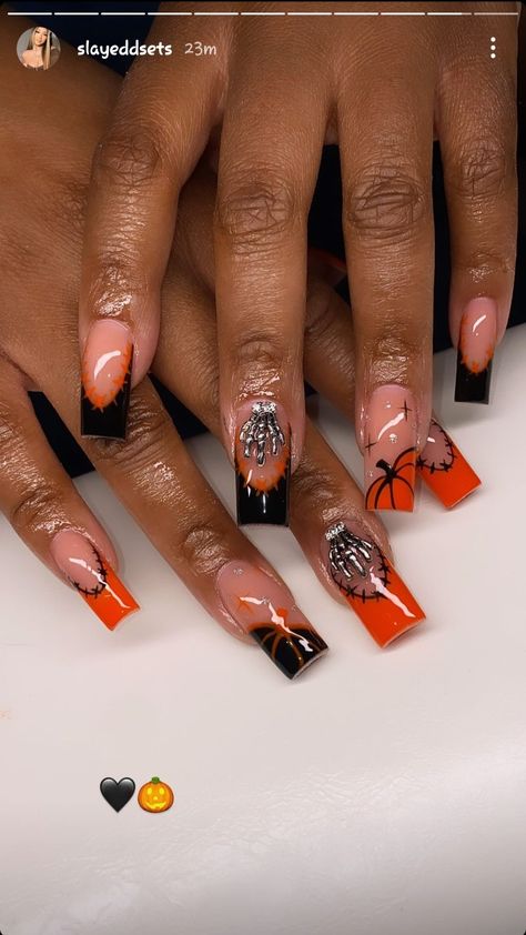 Short French Halloween Nails, Orange French Tip Halloween Nails, Halloween French Tips, Fall French Tip Nails Designs, French Tip Nails Fall, Orange French Tip Nails, Painted Acrylic Nails, Poppin Nails, Tech Career