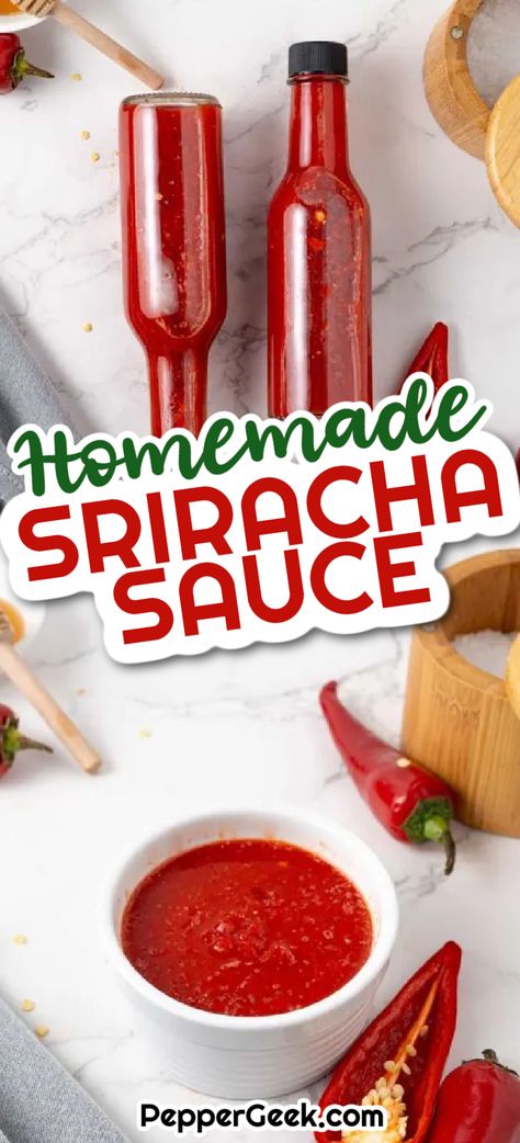 Sriracha is one condiment we always have stocked in the fridge. This is our homemade sriracha sauce recipe, which we find to be as good as (if not better) than the famous Huy Fong version. Huy Fong Sriracha, Sriracha Pepper Recipes, Sriracha Sauce Homemade, How To Make Sriracha Sauce, Diy Sriracha Sauce, Fermented Sriracha Sauce, Sriracha Recipes Homemade, Homemade Condiments Recipes, Sweet Hot Sauce Recipe