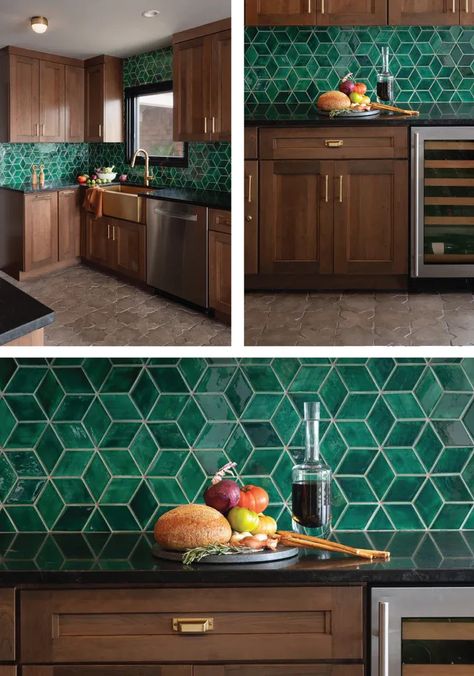 Green Tile Backsplash Black Countertop, Dark Cabinets Green Backsplash, Emerald Kitchen Backsplash, Emerald Green Tile Kitchen, Emerald Green Kitchen Walls, Emerald Backsplash, Emerald Green Backsplash, Green Tiled Kitchen, Green Tile Kitchen Backsplash