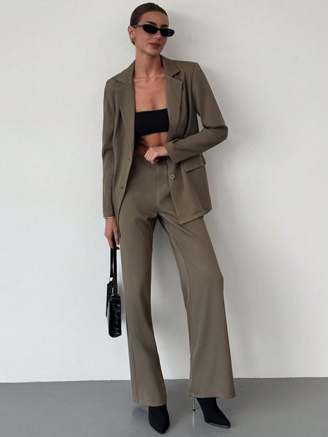 Ensemble femme veste blazer ample à manches longues et col revers minimaliste et casual d'affaires + jupe maxi à poches longues et taille basse Kaki Élégant    Unicolore  Pas de l'extensibilité  Women Clothing, size features are:Bust: ,Length: ,Sleeve Length: Business Outfit Women, Minimalist Business Casual, Sleeveless Blazer Vest, Split Hem Skirt, Office Wear Women, Maxi Rok, Business Outfits Women, Womens Maxi Skirts, Printed Sleeveless Top