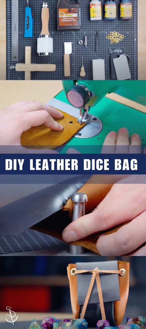 Calling all tabletop gamers! In this beginner-friendly leather video, we'll teach you how to sew a dice bag using two types of leather — veg tan and chrome tan. This quick tutorial is loaded with tons of leather crafting techniques. You'll learn how to cut and condition leather, how to punch holes and install eyelets, and how to sew around a curved shape. You'll also discover a clever trick to make dyeing leather fast and easy. Time to roll for DIY! Diy Dice Bag, Pet Diy Projects, Leather Dice Bag, How To Punch, Diy Dice, Bag Free Pattern, Crafting Techniques, Sewing Projects Free, Leather Bag Pattern