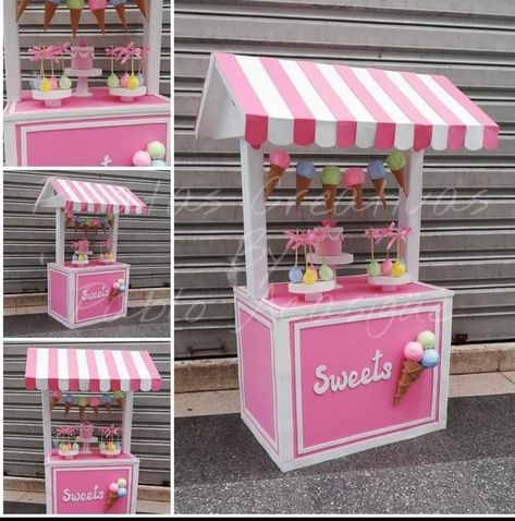 Candy Shop Theme Party, Candy Stand Ideas Display, Diy Ice Cream Stand Cardboard Boxes, Sweet Stall Ideas, Candy Stand Ideas, Ice Cream Stand Ideas, Ice Cream Stand Diy, Cardboard Ice Cream Stand, Heladerias Ideas Decoracion