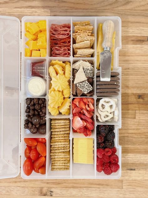 Snacks On The Go! 18 Tackle Box Charcuterie Ideas - ICA Charcuterie Board For Road Trip, Toolbox Charcuterie, Charcuterie Board Tackle Box Idea, Charcuterie Container Ideas, Car Charcuterie Board, Road Trip Charcuterie Board, Snackle Box Ideas For Boat, Adult Snackle Box Ideas, Road Trip Charcuterie