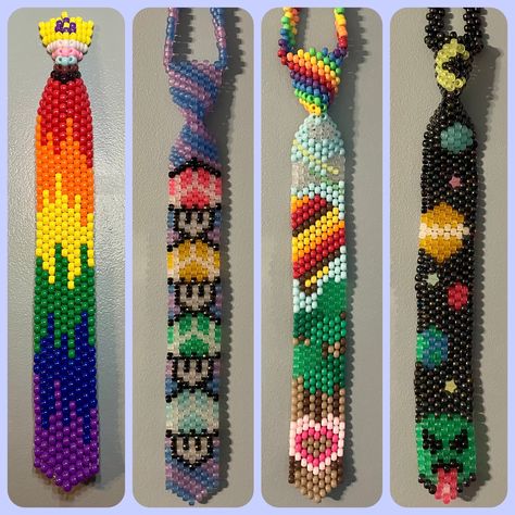 Design your own custom kandi necktie made to order! Choose your colors, design, or theme and customize your own creation. Perfect for your next show or event, this tie is sure to make a statement.  The limit of design is your imagination! Let's work together to make your kandi dreams a reality. Feel free to reach out @ kandi.shroomz@gmail.com with detailed theme requests. Please allow for generous response time, especially during holiday and festival seasons. Be sure to include your neck size in Space Crafts For Adults, How To Make A Kandi Tie, Kandi Tie Pattern, Deadpool Kandi, Gravity Falls Kandi, Kandi Tie, Scene Kandi, Bracelets Kandi, Scene Diy