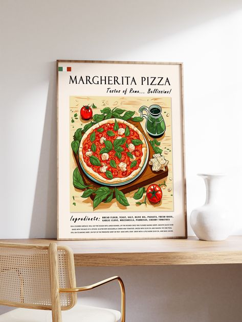 DESCRIPTION & DETAILS Savor the timeless delight of Margherita Pizza with this captivating Italian food poster. Elevate your space with delectable art inspired by this iconic dish. Perfect for food enthusiasts and kitchen decor lovers. Capture the essence of Margherita Pizza on your wall. Elevate your decor now! Margherita Pizza food art, Italian pizza poster print, kitchen wall decor. Bring the taste of Italy into your home. Hello and thanks for taking the time to check us out. All of our desig Pizza Poster Design, Italian Food Poster, Restaurant Mural, Olive Pizza, Pizza Pictures, Pizza Sign, Pizza Poster, Italian Wall Art, Drink Art