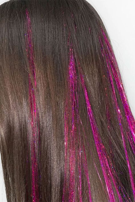 Add some sparkle into your hair. Do not use heat. Keep away from naked flames. Pink Tinsel Hair, Tinsel Hair Extensions, Pink Hair Extensions, Dark Pink Hair, Hair Fairy, Baylage Hair, Tinsel Hair, Hair Tinsel, Fairy Hair