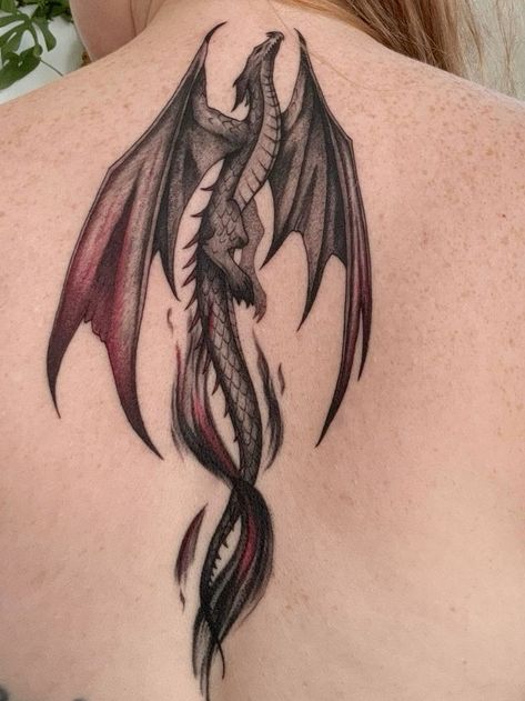 dragon tattoo Dragon Tattoo Open Wings, Wyvern Back Tattoo, Medieval Dragon Tattoo Design, Wings Of Fire Tattoo, Arm Tattoos Dragon, Drogon Game Of Thrones Tattoos, Hungarian Horntail Tattoo, Dragon Wing Tattoo, Dragon Back Tattoo Women