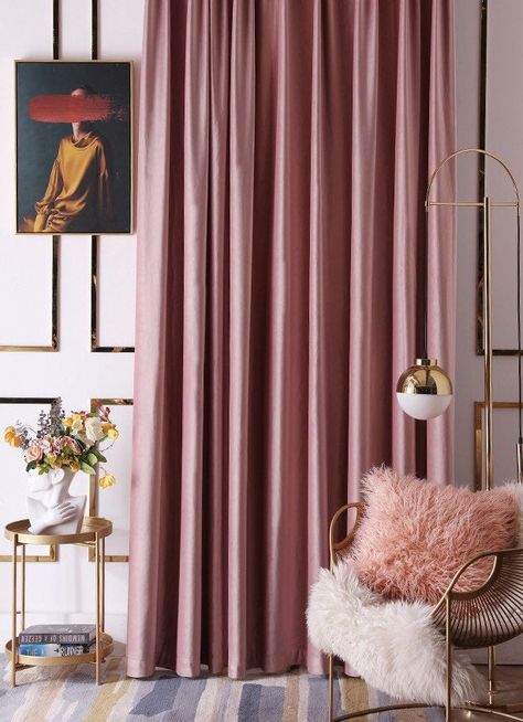 Dusty Pink Curtains, Rose Gold Curtains, Pink Velvet Curtains, Custom Curtain Rods, Rose Curtains, Curtains Pictures, Green Luxury, Gold Curtains, Salon Suites