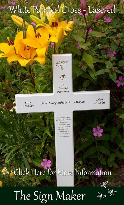 White Painted Memorial Cross - Laser Engraved Painted Wooden Crosses, Corian Colors, Images Of Peace, Memorial Cross, Wooden Crosses, Engraved Plaque, Sign Maker, Wooden Cross, Cross Paintings