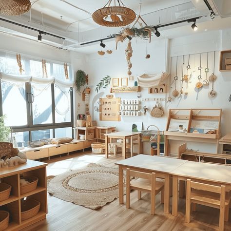 Montessori Office Decor, Neutral Daycare Room, Cute Daycare Rooms, Home Childcare Room Ideas, Childcare Center Design, Organic Playroom, Montessori Daycare Setup, Nature Daycare, Boho Daycare